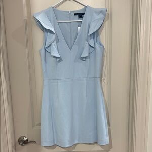French Connection Blue Whisper Ruffle Dress V-Neck A-Line